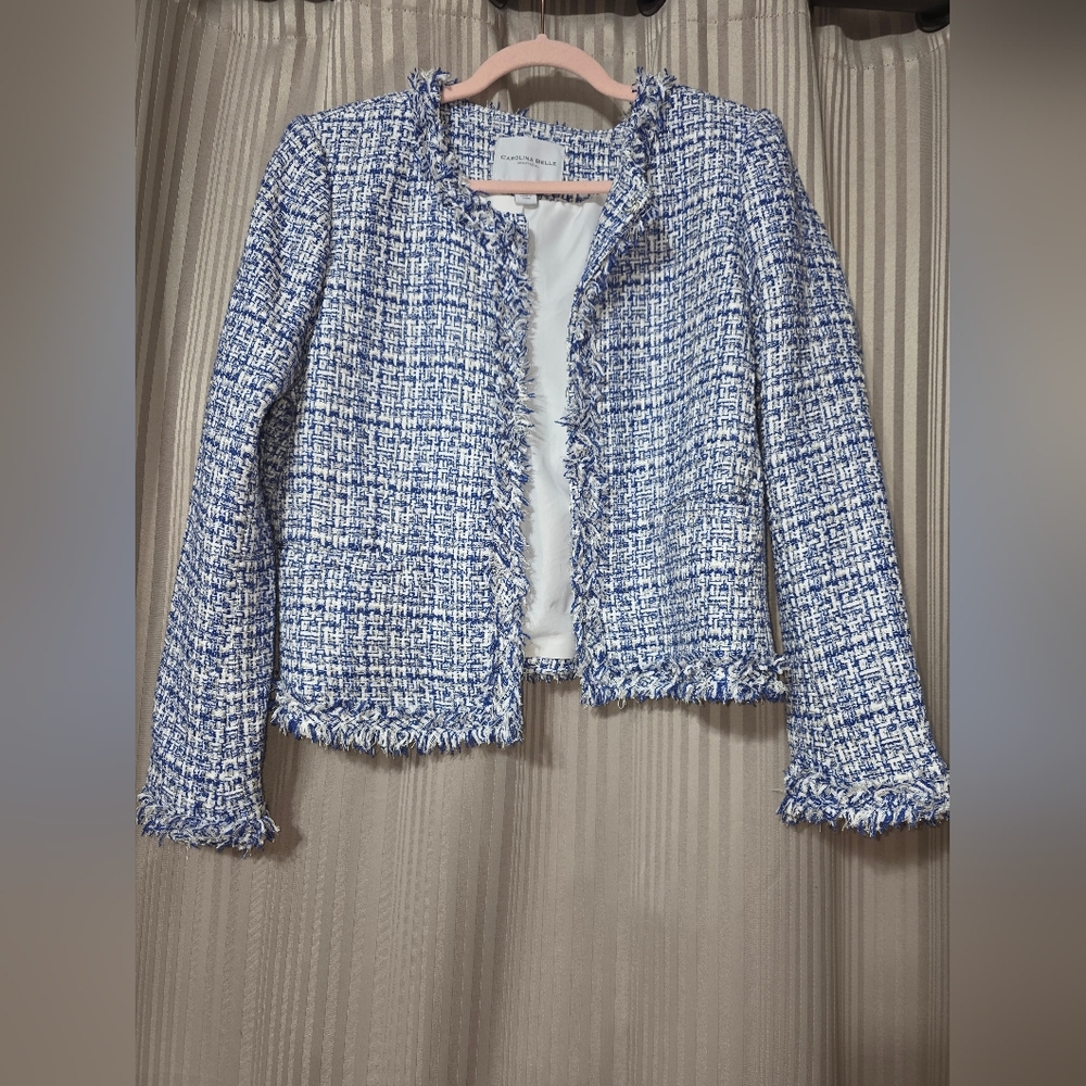 Carolina Belle Blue and White Tweed Fringed Blazer